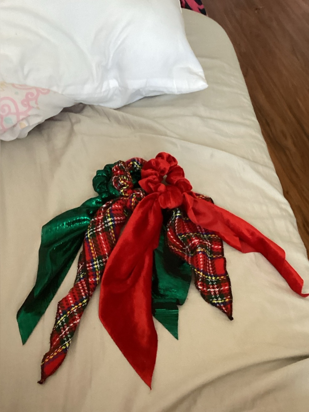 Festive Red & Green Plaid Ribbon Scrunchie Hair Tie